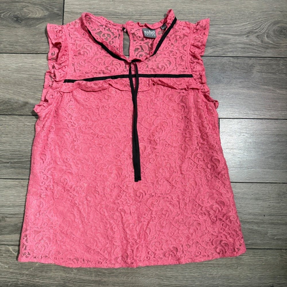 Soho New York & Company Pink Floral Lace Ruffle Sleeveless Blouse Tie Neck S